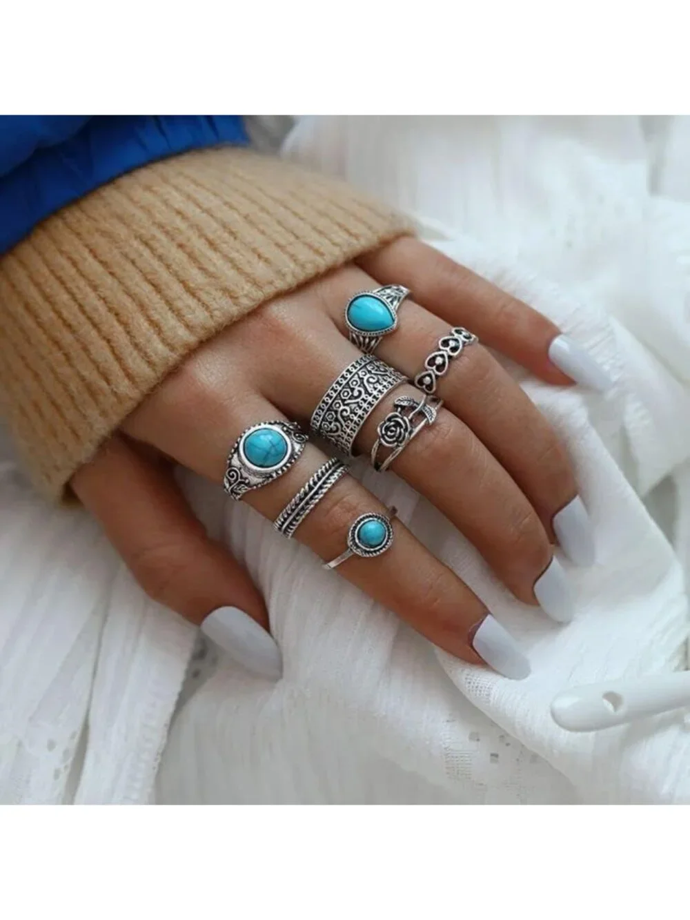 Vintage Silver Knuckle Rings Set - 36-40 Pcs Boho Turquoise Gemstone Jewelry